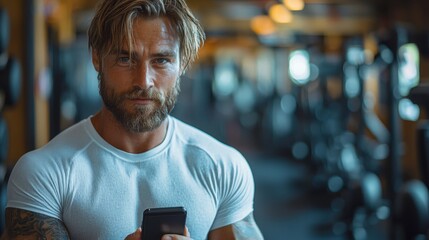Fitness training, man checks phone for messages, gym, healthy