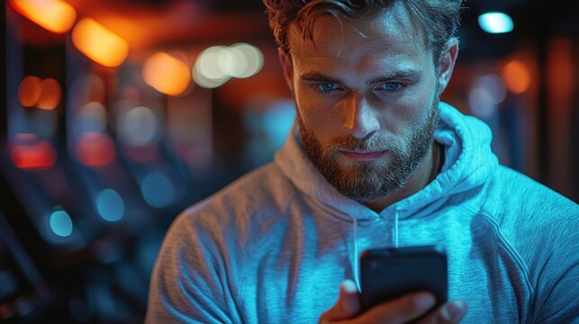 Fitness enthusiast on treadmill, checking phone, online message, gym