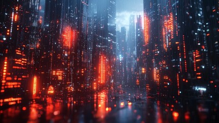 Futuristic cityscape with glowing holographic interfaces, neon lights, cyberpunk aesthetic, artificial intelligence theme, stock background