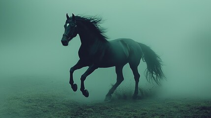 Obraz premium Majestic Black Stallion Running Through Misty Field Powerful Horse in Motion