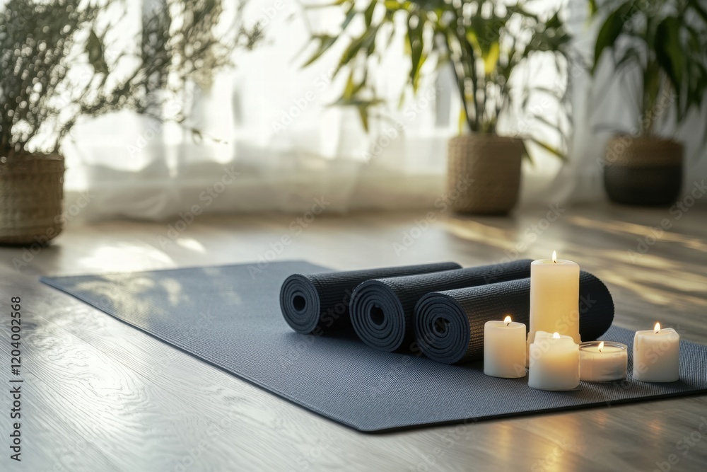 Aufkleber Yoga mat setup with candles and plants creating a serene environment for relaxation and mindfulness practice. Generative AI