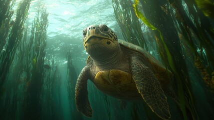 Majestic Sea Turtle Gracefully Swimming Through Kelp Forest Underwater