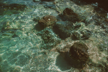 Rocks and corals in sea blue water. Landscape of Egypt on vacation