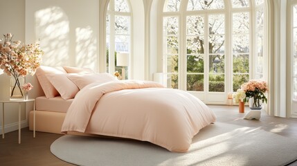 Fototapeta premium Inviting pink bedroom, cozy retreat with plush comforter and soft pillows cozy