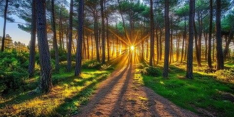 Fototapeta premium A forest with tall trees and sunlight shining through the branches, creating long shadows on an old dirt path that leads to the horizon
