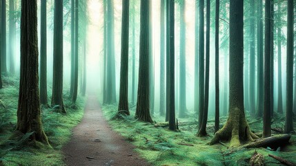 Fototapeta premium Sundappled path through towering forest, tranquil nature walk