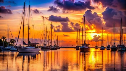 Silhouette of Sailboats at Sunset, Marina, Key West, Florida