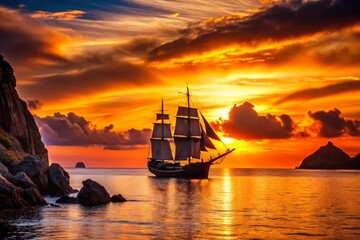 Fototapeta premium Silhouette of Sailing Ship at Sunset over Elizabethan Islands, Massachusetts