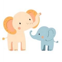 Fototapeta premium Cute elephants, cartoon, friendly, interacting, playful, background white, stock photo, suitable for children's products