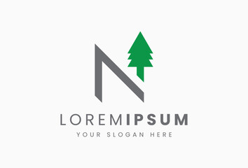 Initial Letter N with Pine Tree Logo Design. Minimal Alphabet Logotype Concept. Abstract Geometric with leaf icon for Forest, Nature, Wood, Green, adventure, camp, outdoor, park.