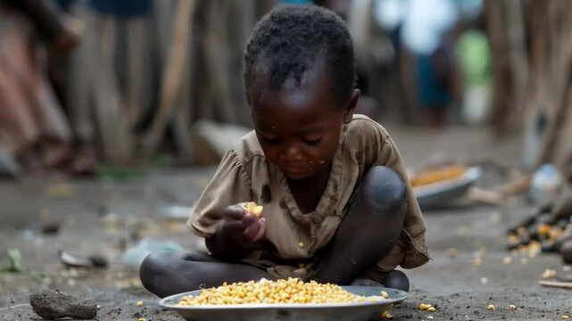Video of a small child eating from a bowl on the street. Suitable for charity campaigns, social projects and documentaries about poverty.
