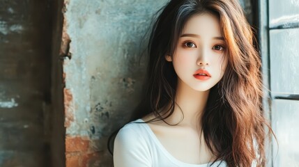 Fototapeta premium Portrait of a woman with flowing brown hair and crisp white shirt