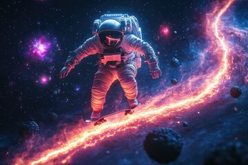 Fototapeta premium Astronaut Surfing Cosmic Fire: A futuristic astronaut in a pristine spacesuit effortlessly glides across a fiery, cosmic trail amidst a breathtaking nebula, asteroids, and celestial wonders.