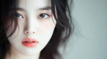 Captivating portrait, woman with piercing blue eyes and flowing black hair portrait