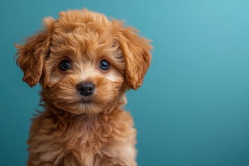 adorable miniature poodle puppy playfully posing against a soft blue background capturing its fluffy fur and charming personality in an endearing moment