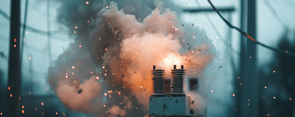 Exploding power transformer in densely populated area, creating dramatic scene with smoke and sparks. incident highlights dangers of electrical equipment
