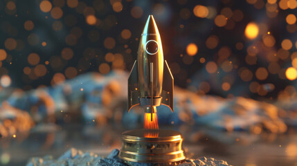 Golden Rocket Launching from Base with Bokeh Lights and Textured Surface Background