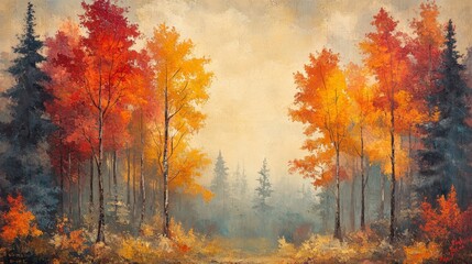 Fototapeta premium A stunning oil painting capturing the vibrant hues of an autumn forest with trees in brilliant shades of red and yellow