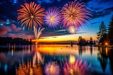 Silhouetted Lake Fireworks Display - Night Sky Spectacle