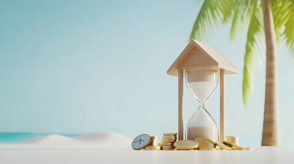 Hourglass, coins, compass on beach; tropical vacation planning; retirement savings