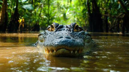 Fototapeta premium Massive Crocodile Partially Submerged in Swampy Water Surrounded by Lush Greenery and Vegetation