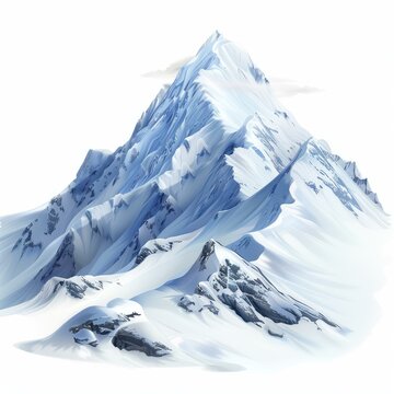 Snow covered mountain peak rising majestically against a clear white background