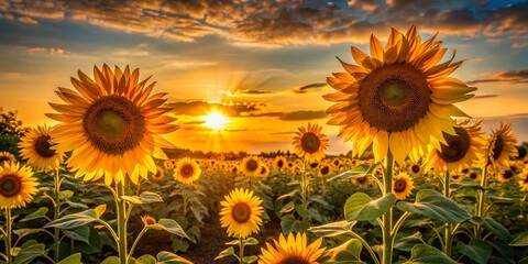 Obraz premium Silhouetted Sunflowers at Sunset: Vibrant Yellow Blooms Against a Natural Background