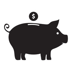 Piggy bank icon. Piggybank with falling coins. Baby pig piggy bank. Pig silhouette vector art.