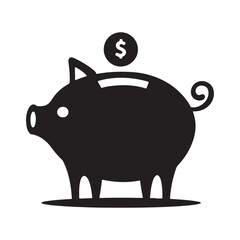 Piggy bank icon. Piggybank with falling coins. Baby pig piggy bank. Pig silhouette vector art.