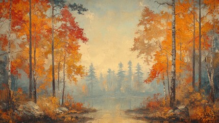 Fototapeta premium Autumnal Serenity: A Painterly Forest Scene with Vibrant Foliage and Tranquil Lake Reflecting a Peaceful Atmosphere