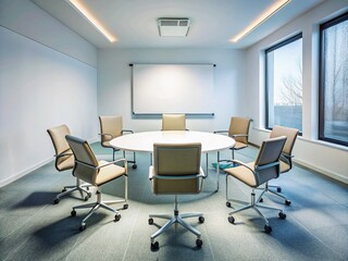 Simple Conference Room Setup: Six Chairs Facing Projector Screen - Aerial View Stock Photo