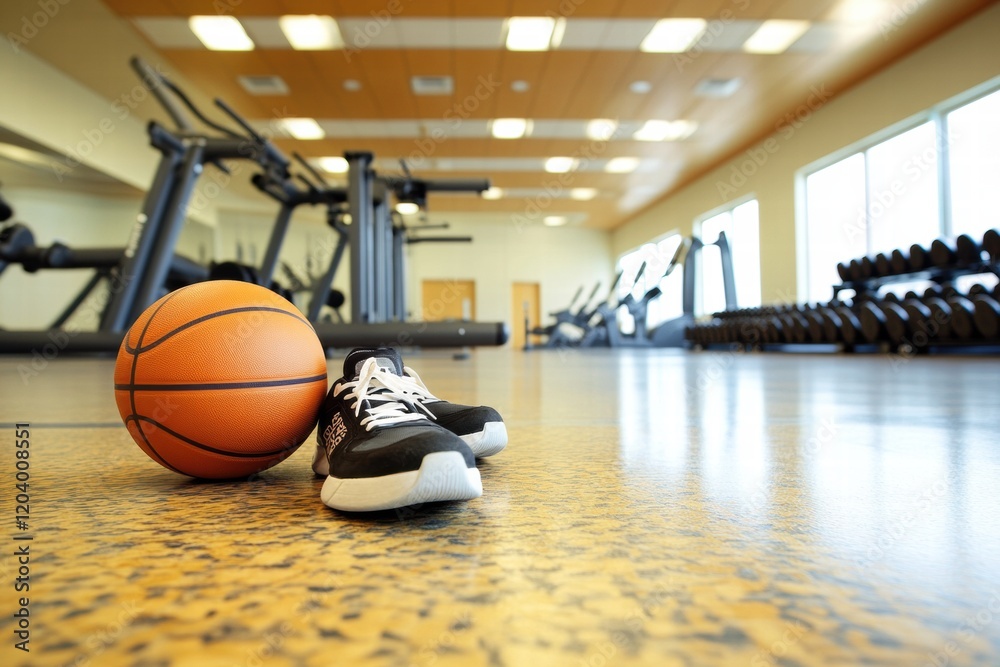 Poster basketball and sneakers on a gym floor with exercise equipment in the background during daytime. gen
