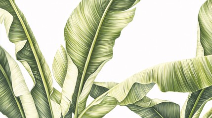 drawing of a banana leaf in vibrant green tones, standing out against a bright white background. Banana leaves.isolate on white background 
