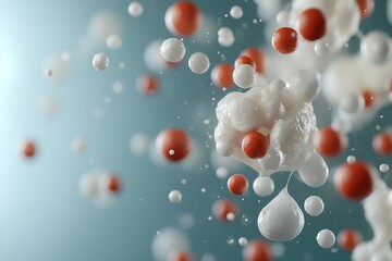 Colorful spheres and white droplets suspended in space create a captivating abstract composition