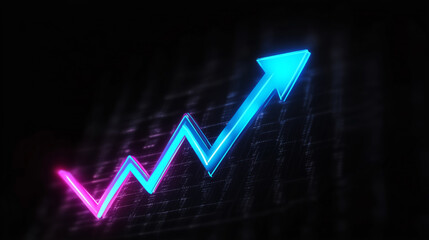 Neon zigzag pattern arrow pointing upward, representing growth or uptrend, against a dark futuristic theme background