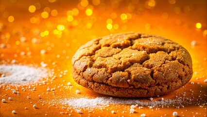 Single Molasses Cookie with Sugar Dusting on Orange Background - Sweet Treat Stock Photo