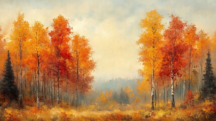 Fototapeta premium Golden hues of fall painting depicting vibrant orange and red foliage under a soft sky creating an atmospheric autumn scene