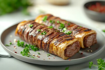 Grilled meat rolls on a plate, garnished with parsley.
