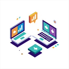 Isometric illustration of dual laptop with coding data analytics and AI symbol in a modern style,