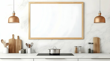 Modern kitchen interior with blank frame, marble backsplash, copper pendants, and cooking utensils. Ideal for food bloggers, designers, and home decor websites