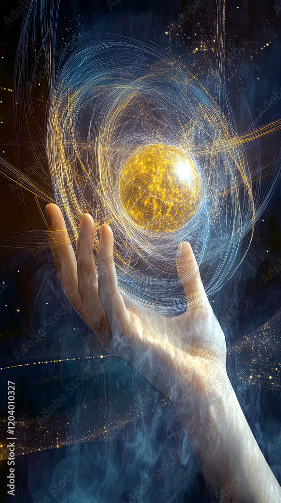 Poster ethereal hand approaches a glowing orb in a dark mystical void of colorful energy flows
