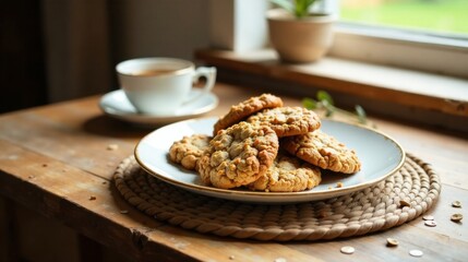 A plate of freshly baked, nutty cookies sits on a rustic wooden table next to a cup of tea, creating a cozy and inviting atmosphere