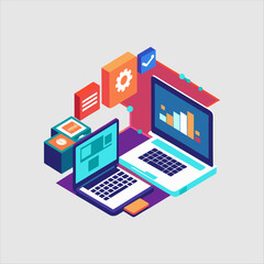 Isometric illustration of dual laptop with coding data analytics and AI symbol in a modern style,