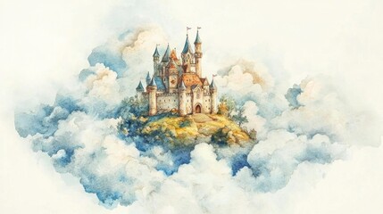 Dreamy Watercolor Castle in Clouds with Majestic Towers and Flags