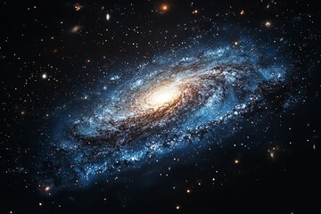 Naklejka premium Spiral galaxy with bright glowing core and swirling arms of stars, gas, and dust set against a starry background