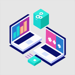 Isometric illustration of dual laptop with coding data analytics and AI symbol in a modern style,