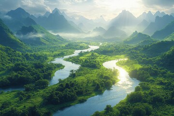 aerial view of a tranquil valley at midday where fantasy elements intertwine with serene landscapes perfect as a peaceful background wallpaper showcasing the beauty of both worlds