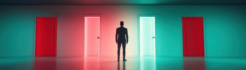 Fototapeta premium Person at colorful entrance, moment of decision and transition person