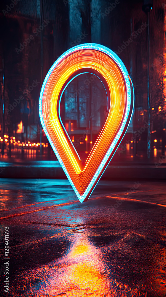 Poster glowing locator pin symbol shines with dynamic orange and blue light in a vibrant urban setting
