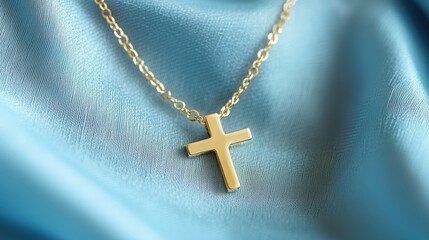 The subtle sparkle of a gold cross necklace catches the light as it adorns a woman&rsquo;s neck, set against the smooth blue fabric for a timeless and fashionable look.